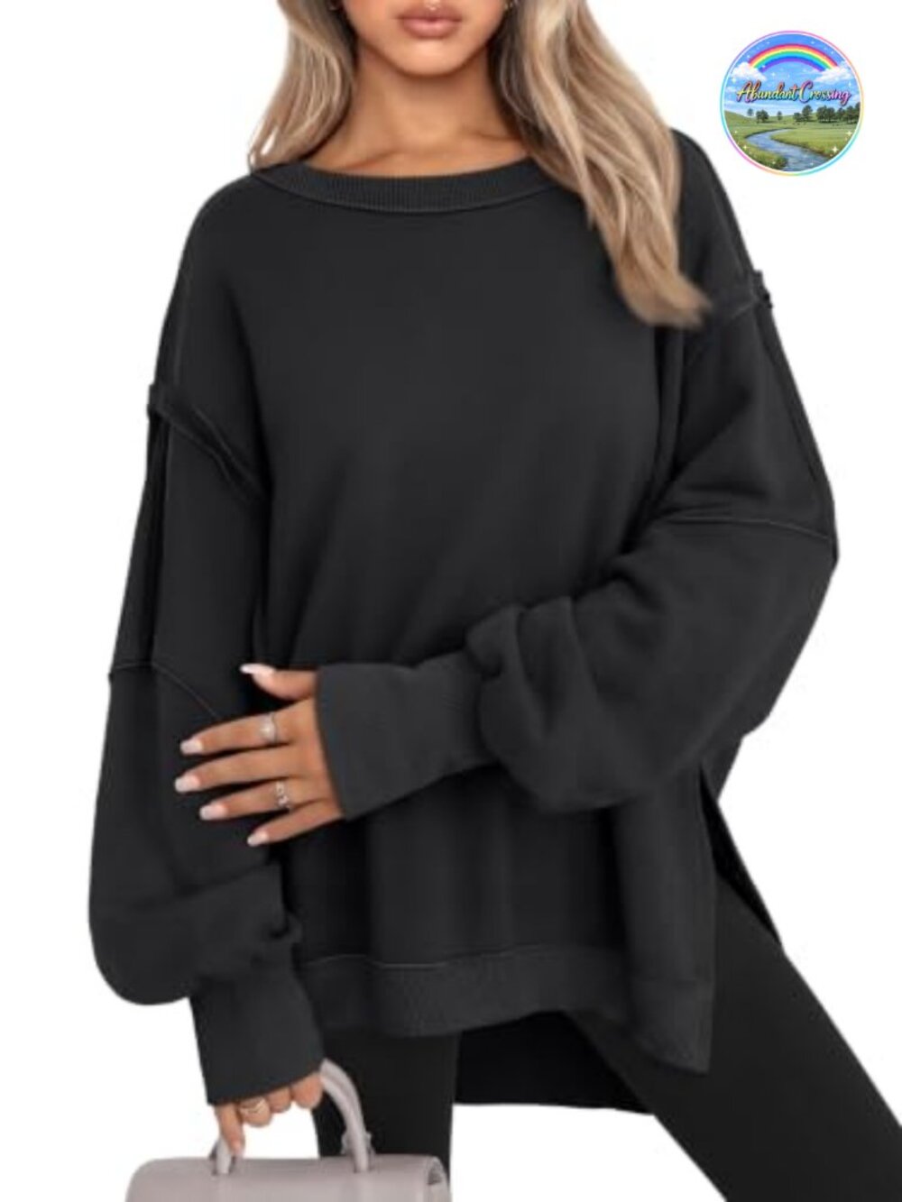 Oversized Crewneck Sweatshirt Y2K Pullover Side Slit Long Sleeve